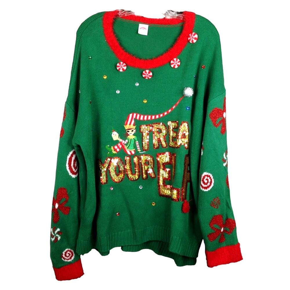Holiday Time Elf Candy Cane Sequin Ugly Tacky Christmas Sweater XXL
